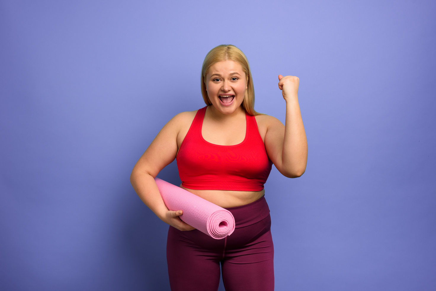 Fat Girl Does Gym at Home. Satisfied and Successfully Expression. Purple Background.